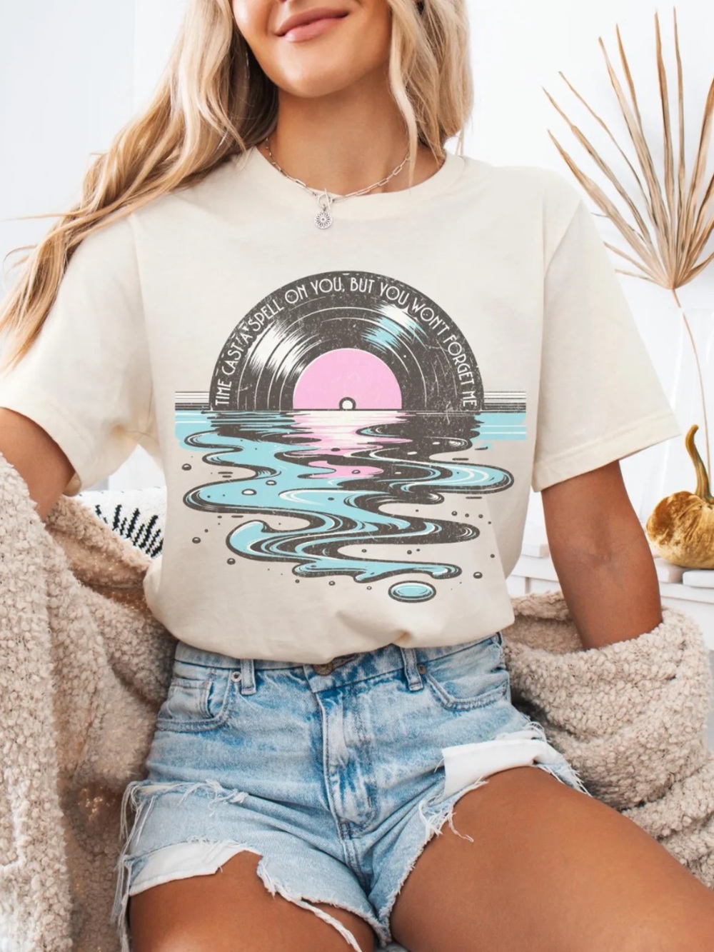 Off White Tee with Pink & Light Blue Sunset Vinyl Graphic